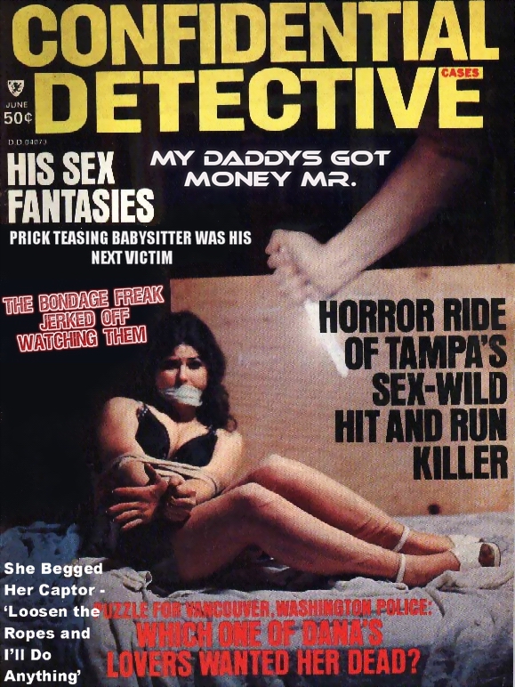bed hopping nympho coed babysitter tied up in her bedroom by intruders classic bondage detective magazine covers women tied up in ropes girls bound and gagged hand over mouth grabbed and gagged vintage cover